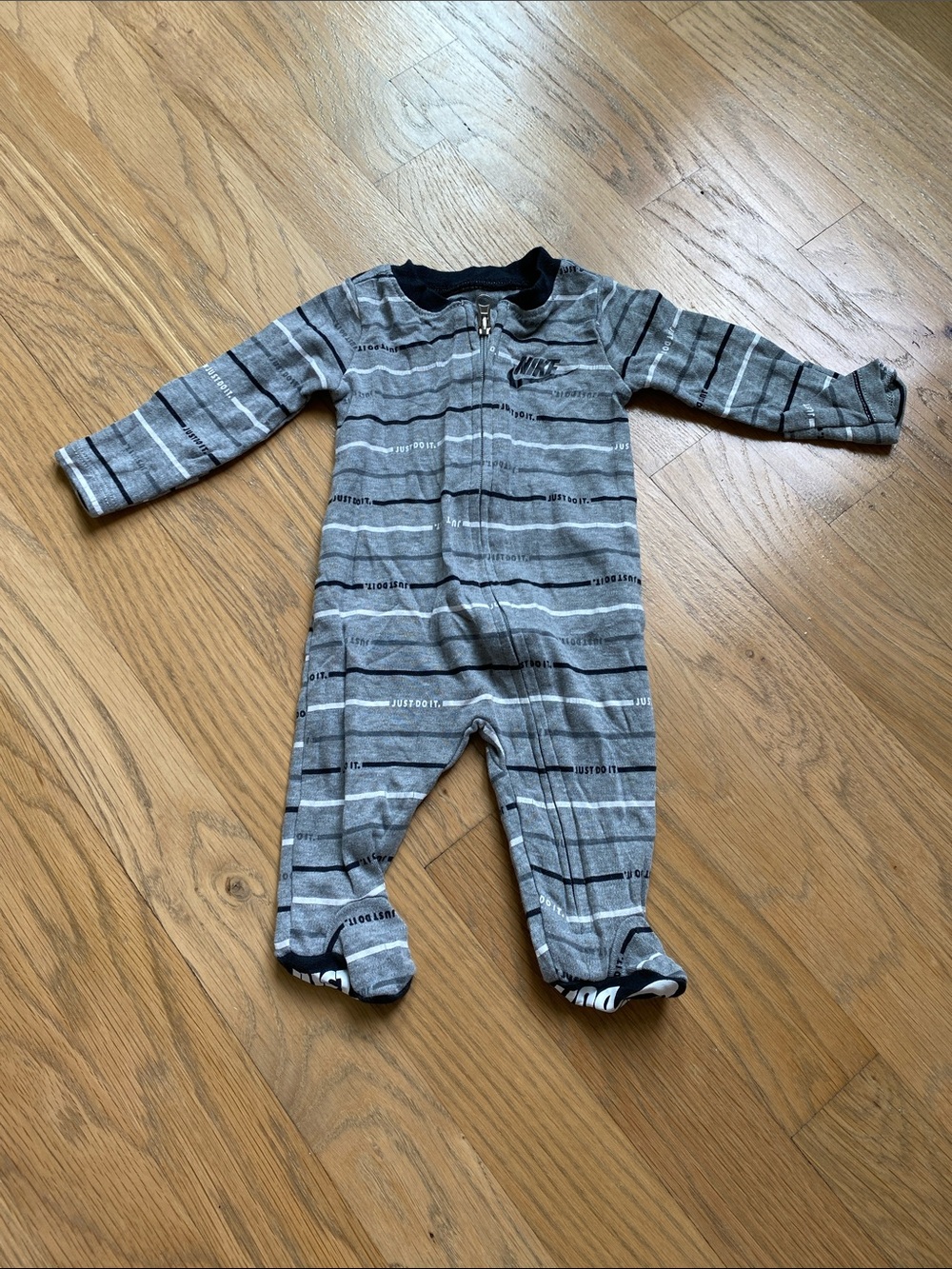 Nike New Born Gray Striped Baby One-Piece Footed Sleeper